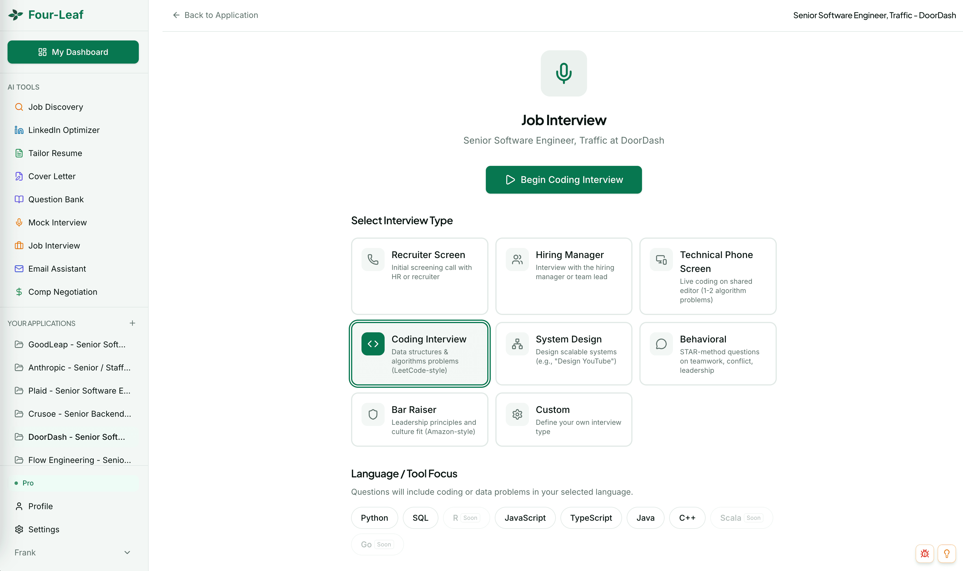 Mock Interview type selector showing Recruiter Screen, Technical, System Design, Behavioral, and other interview modes