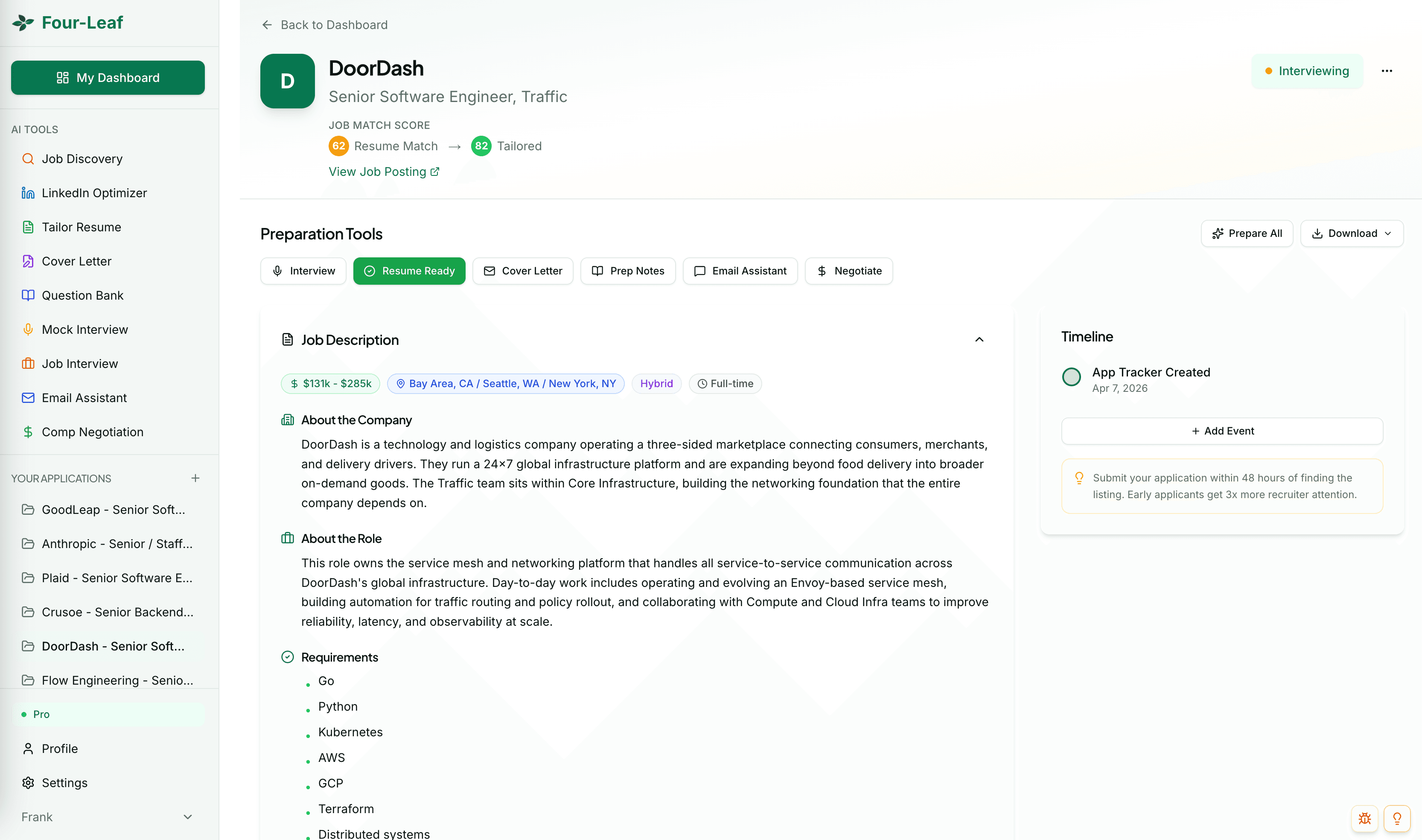 Application detail page showing Tailor Resume, Cover Letter, and Interview Prep tools