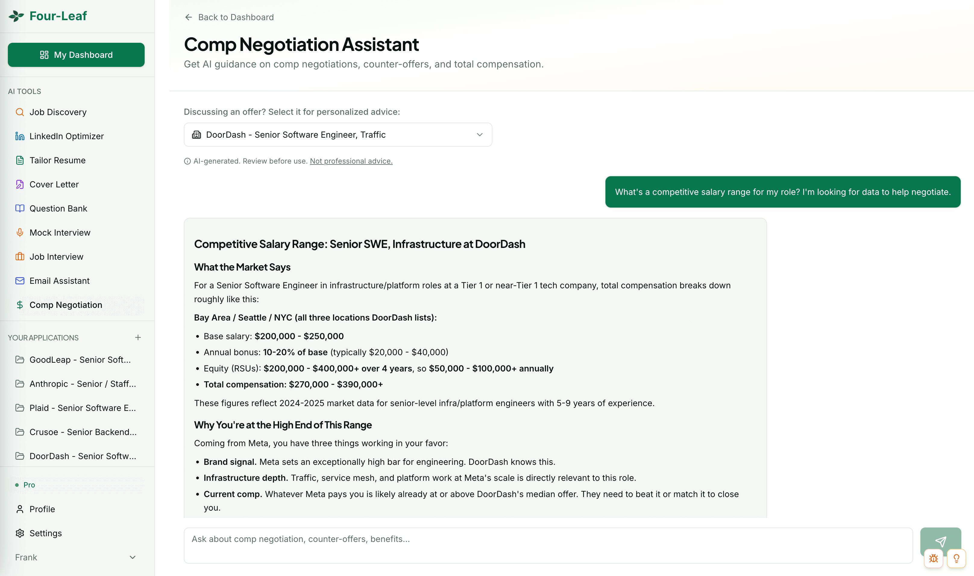 Comp Negotiation Assistant showing a counter offer script and handling pushback responses