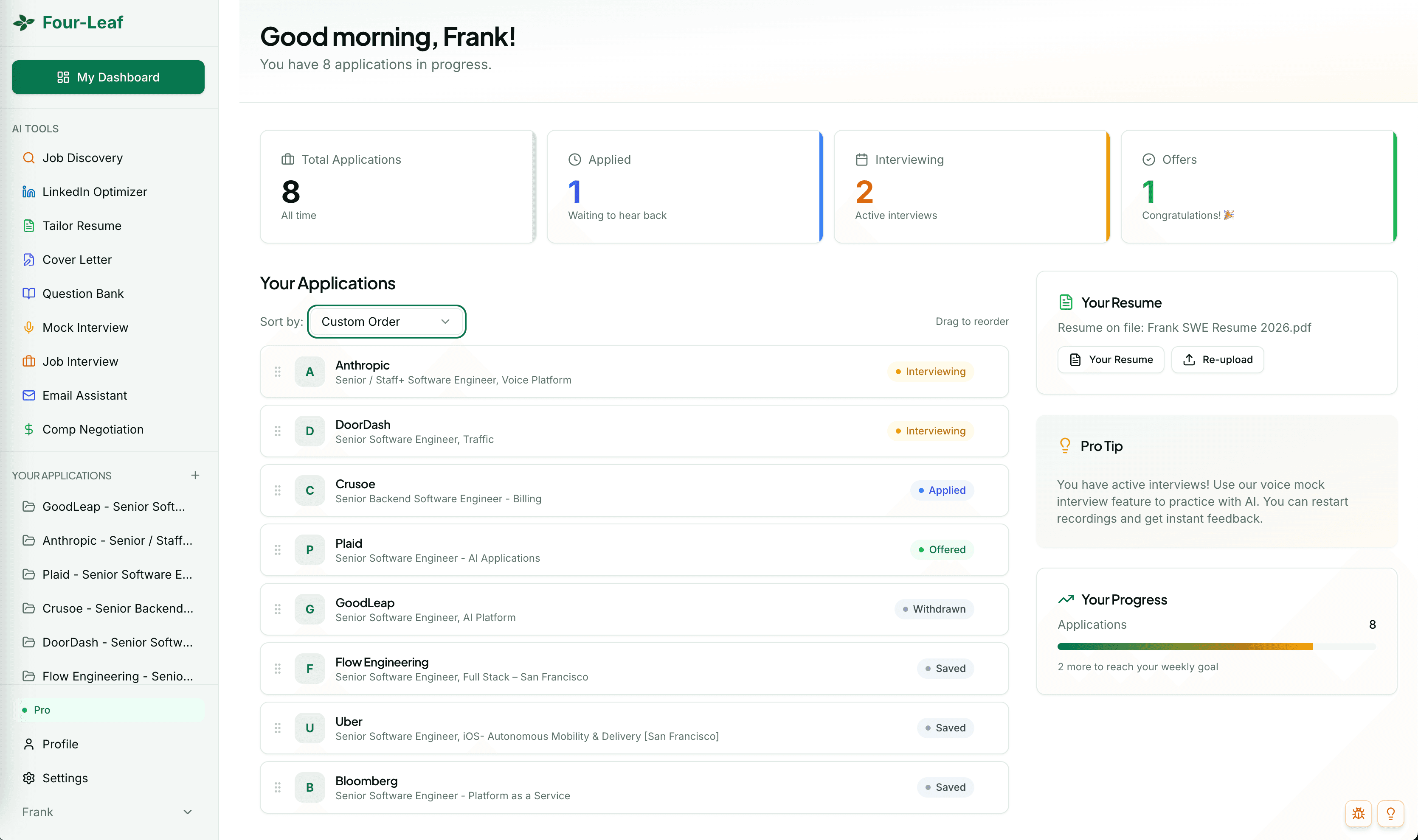 Four-Leaf dashboard showing applications across Applied, Interviewing, and Offers stages