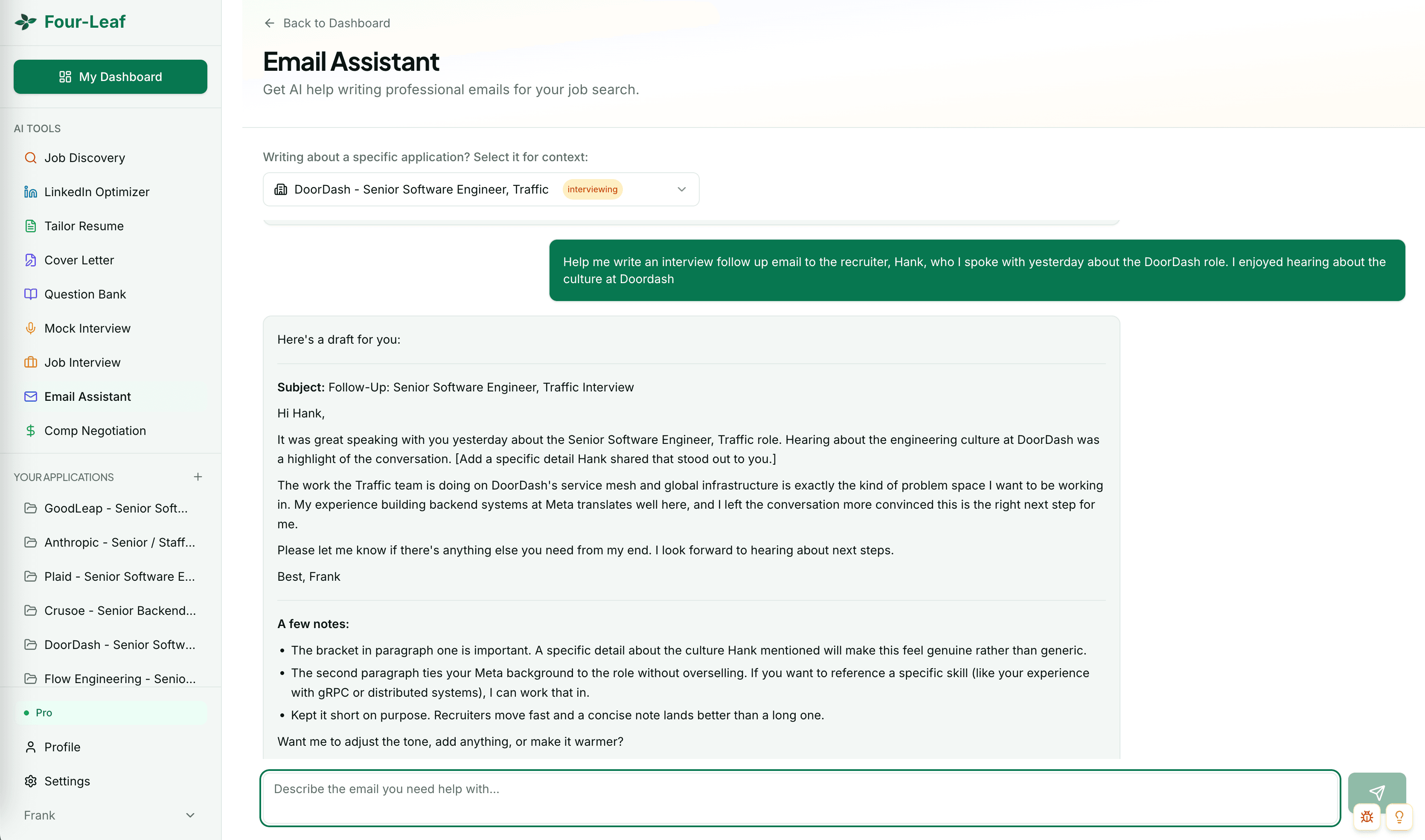 Email Assistant drafting a professional recruiter response