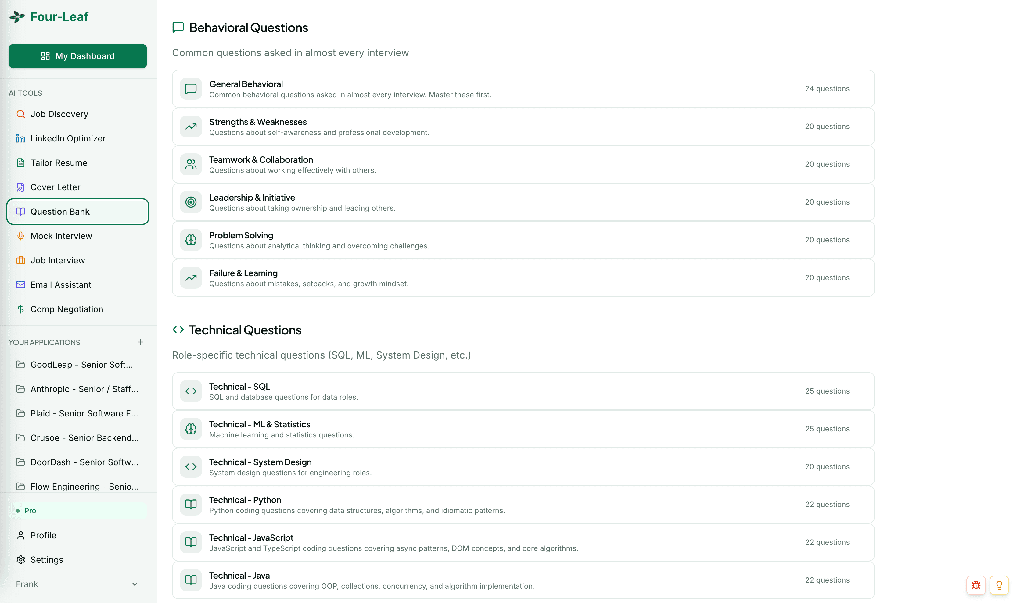 Question Bank with Behavioral and Technical categories, 20 to 25 questions each