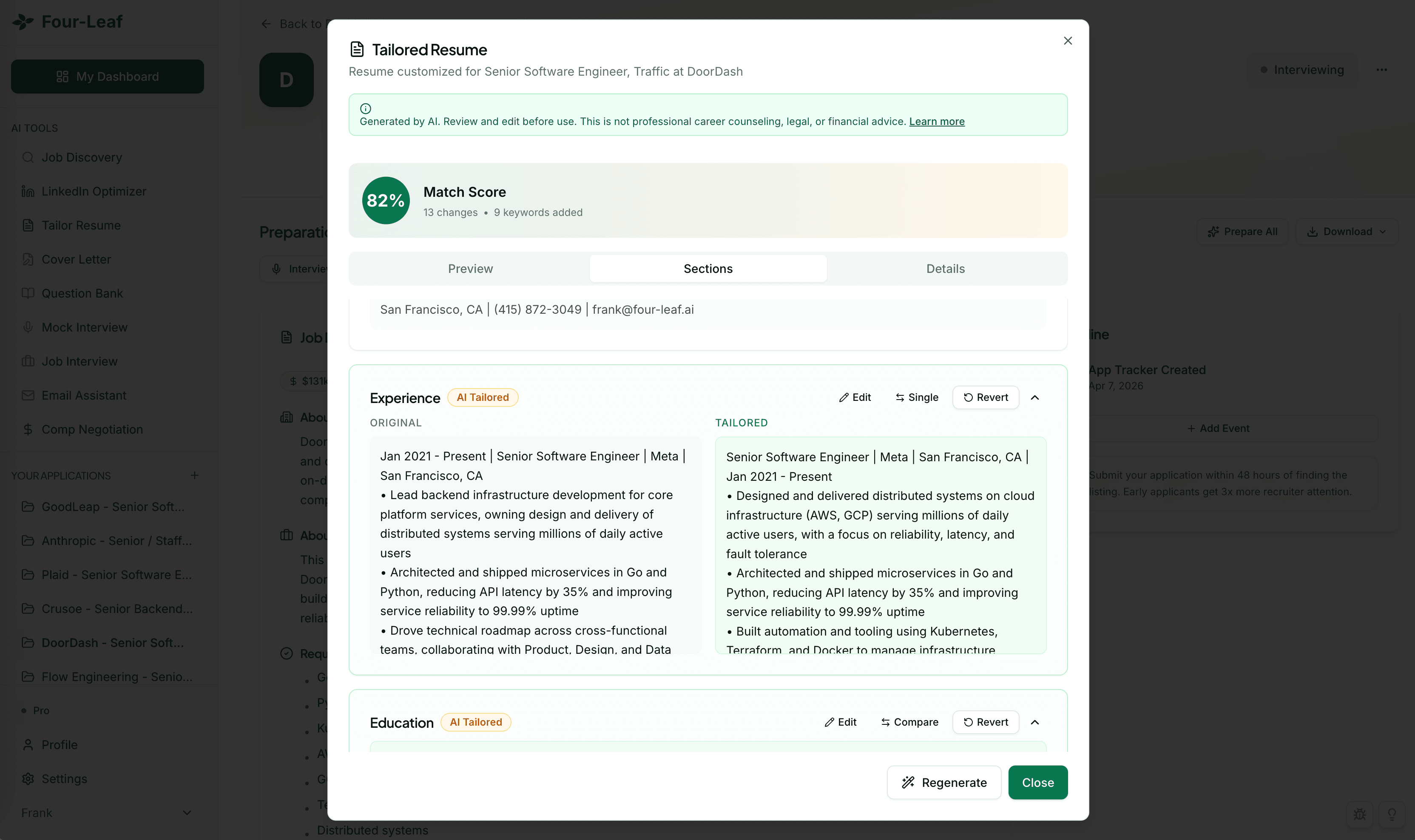 Side-by-side comparison of original and tailored resume