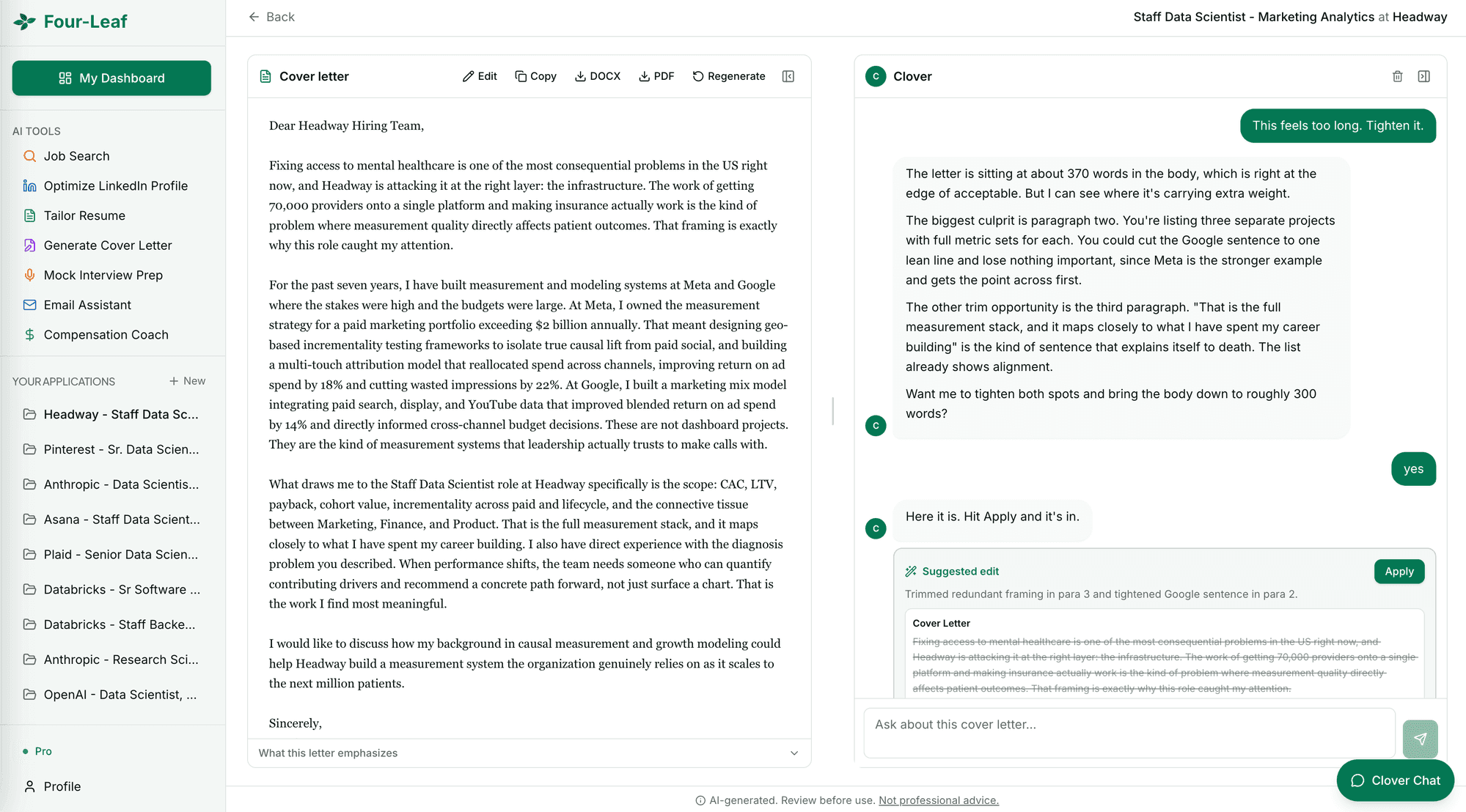Four-Leaf cover letter workspace showing a finished draft for a staff data scientist role on the left, with DOCX and PDF downloads, and Clover on the right proposing a one-click edit that tightens two paragraphs