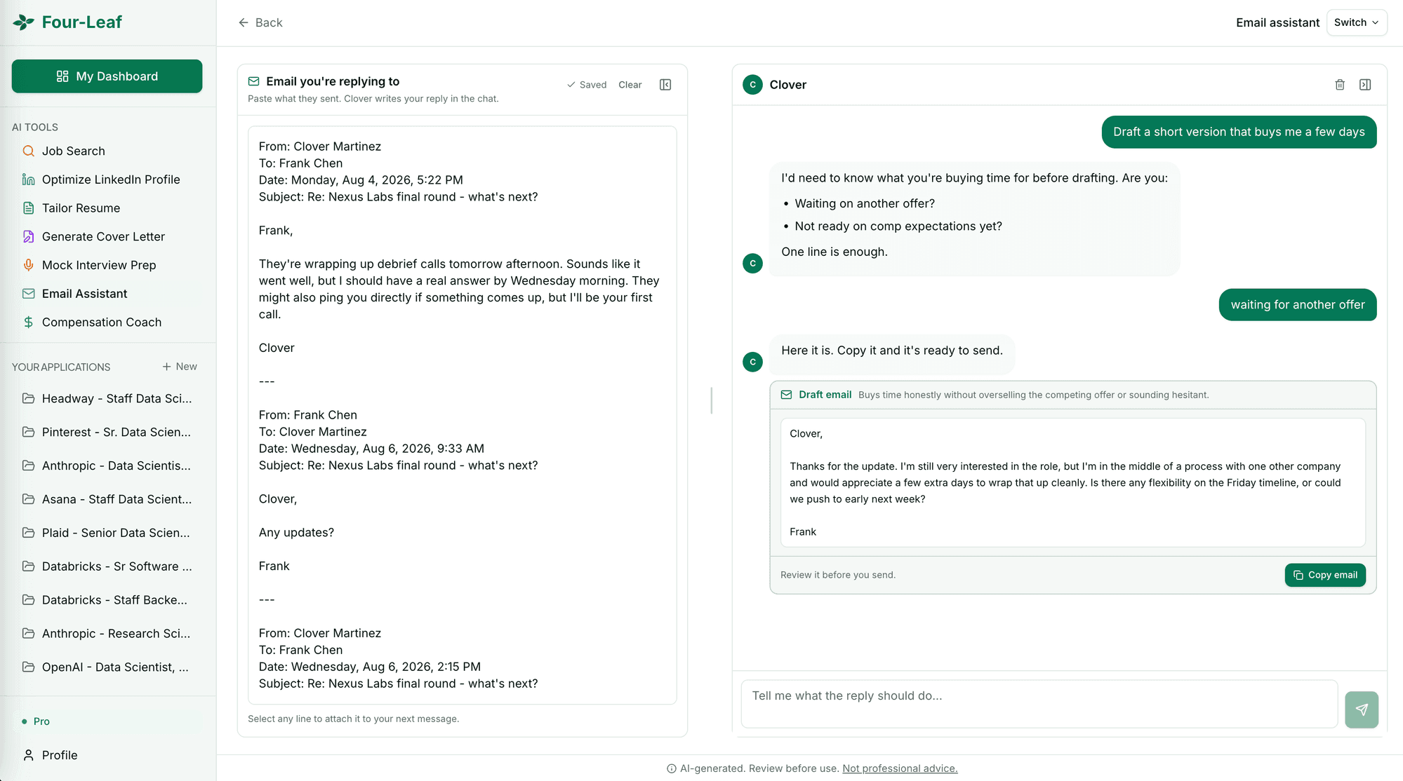 Four-Leaf email assistant with the recruiter thread pasted on the left and Clover on the right, asking what the user is buying time for before producing a ready-to-send reply draft
