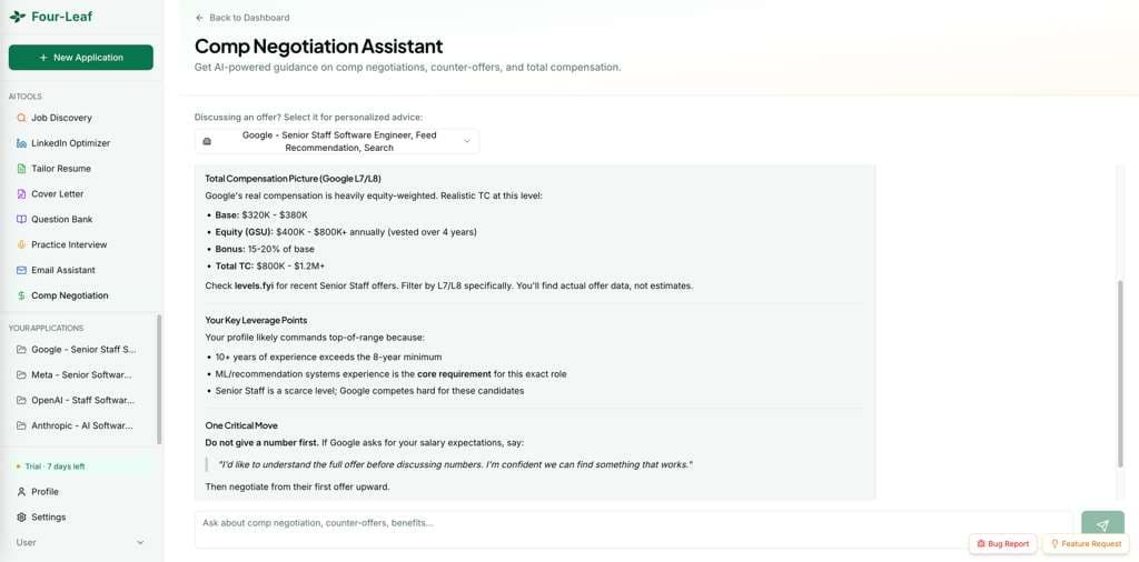 Comp Negotiation Assistant showing a counter offer script and handling pushback responses