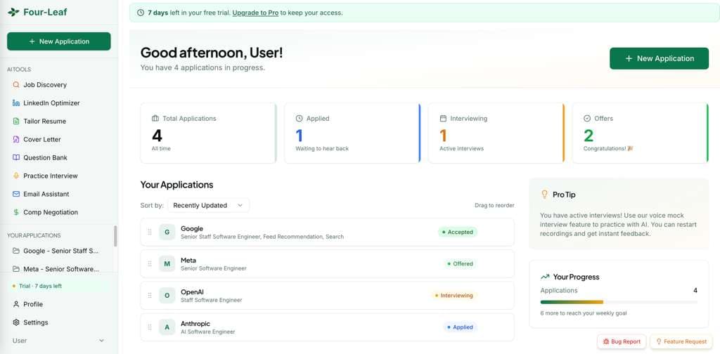 Four-Leaf dashboard showing applications across Applied, Interviewing, and Offers stages