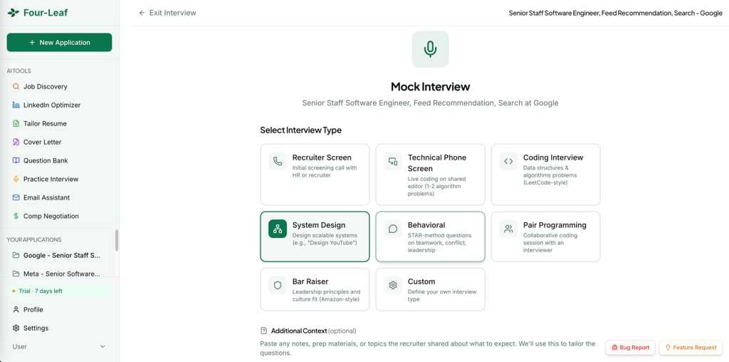 Mock Interview type selector showing Recruiter Screen, Technical, System Design, Behavioral, and other interview modes