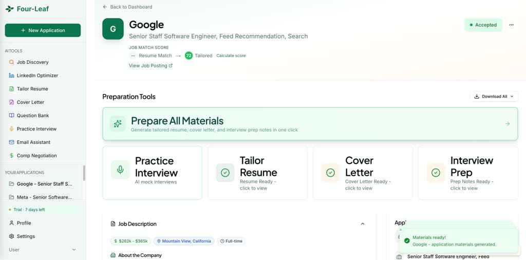 Application detail page showing Tailor Resume, Cover Letter, and Interview Prep tools