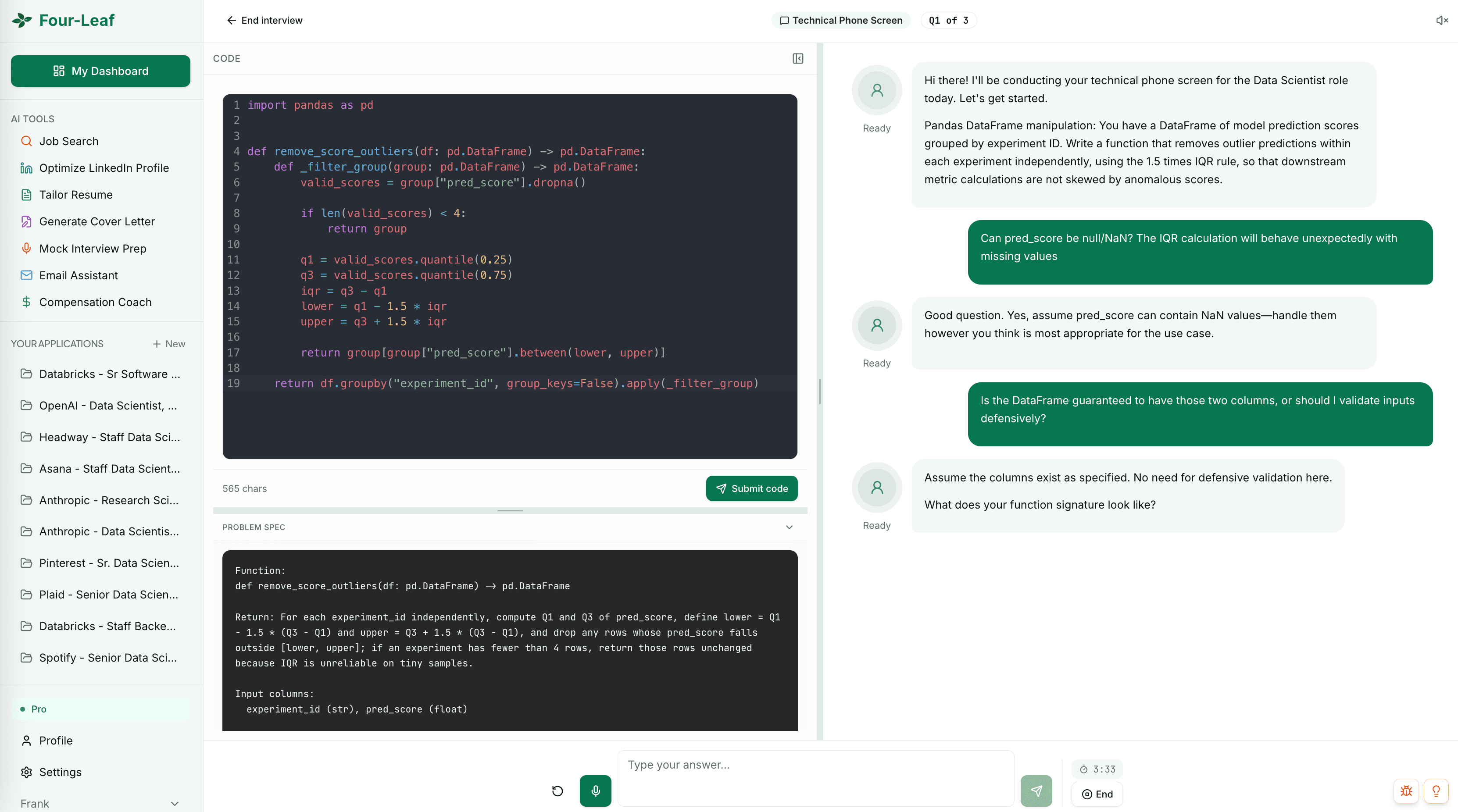 Four-Leaf mock interview technical phone screen, with the coding pane on the left, the problem spec below it, and the live interviewer conversation on the right