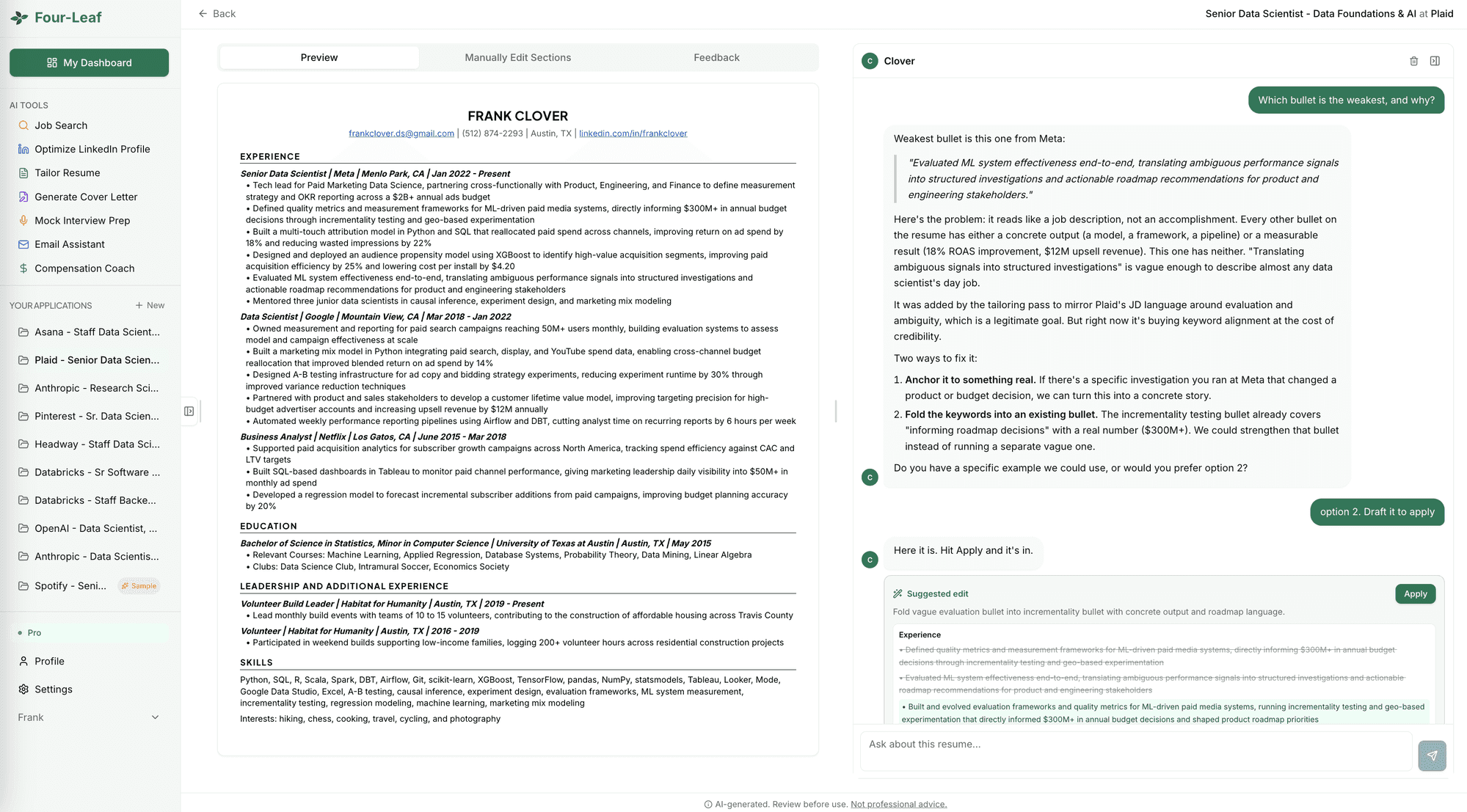 Four-Leaf tailored resume view showing an 82 percent match score, 17 changes and 7 keywords added, resume template options, and the rewritten resume preview