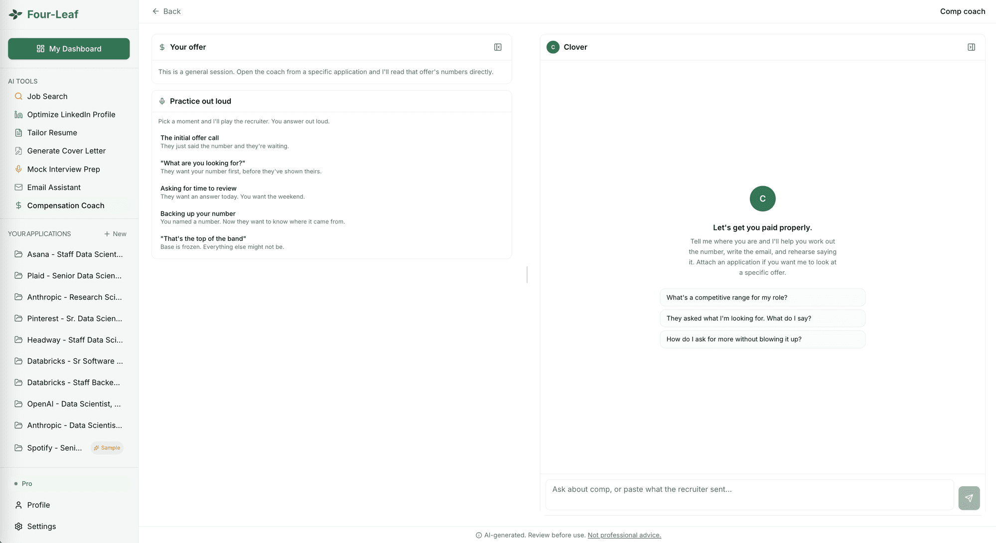 Four-Leaf comp negotiation coach with voice practice scenarios for the initial offer call and counter-offers beside a Clover chat that reads the attached offer