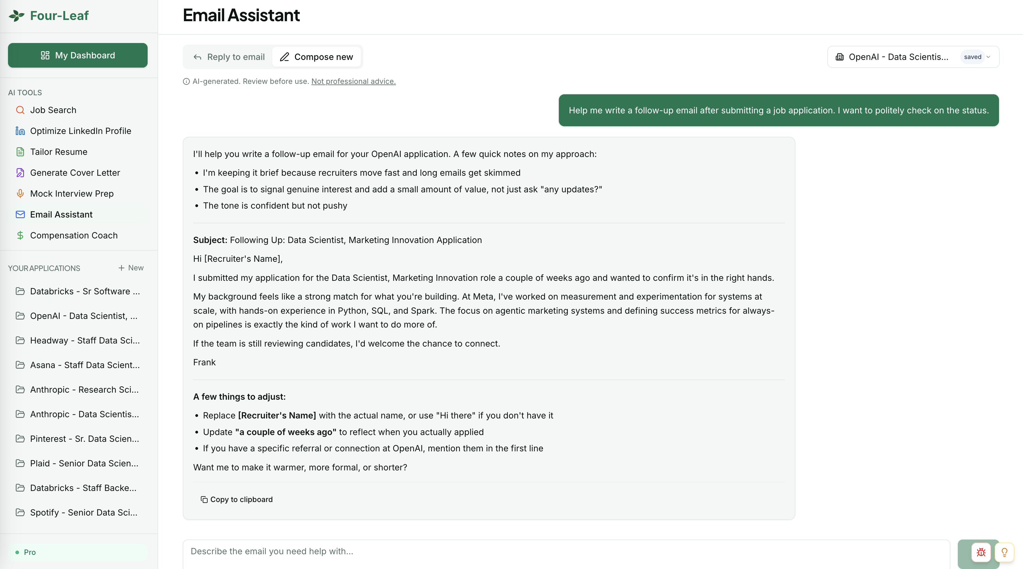 Four-Leaf email assistant view