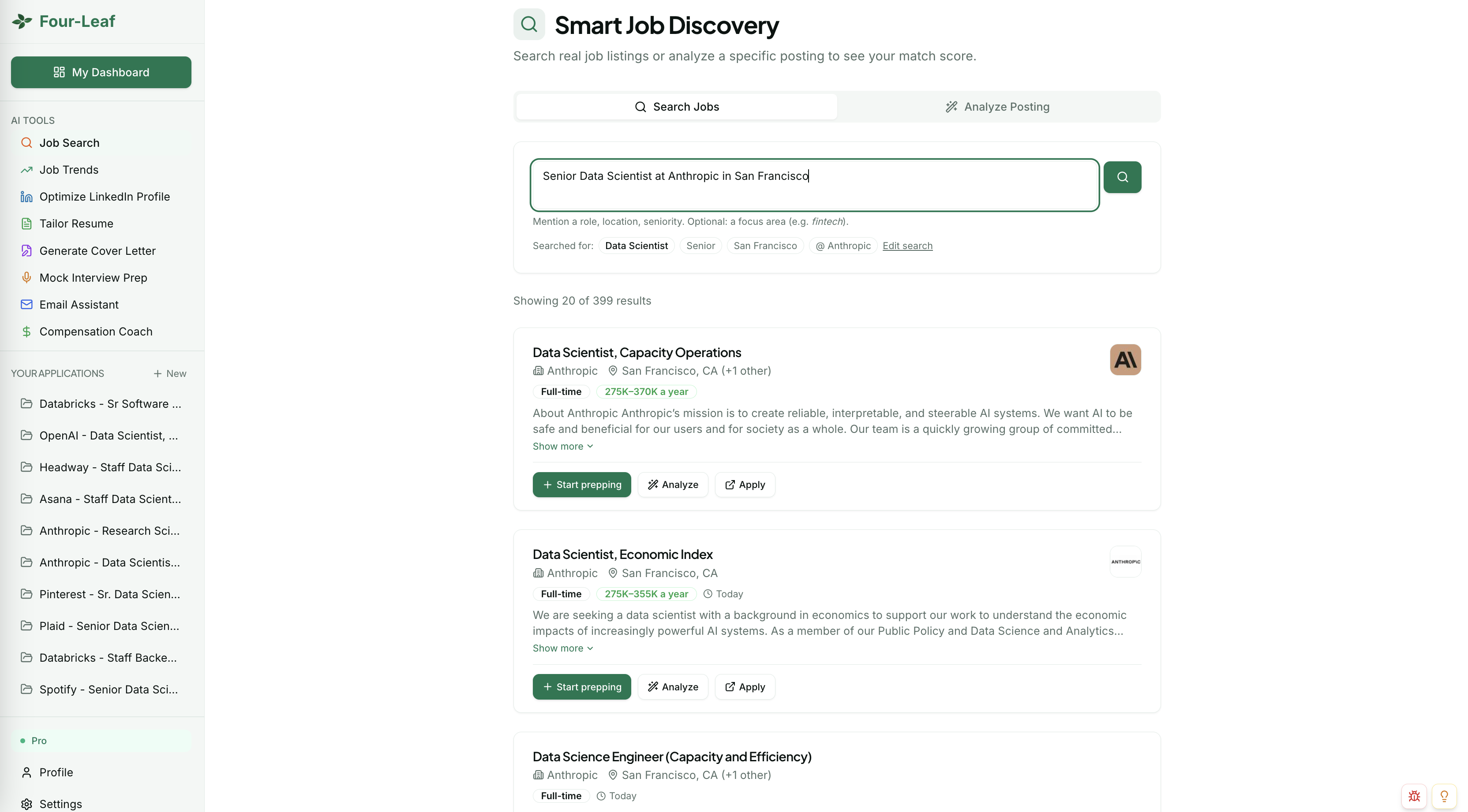 Four-Leaf AI job search and match-scoring view