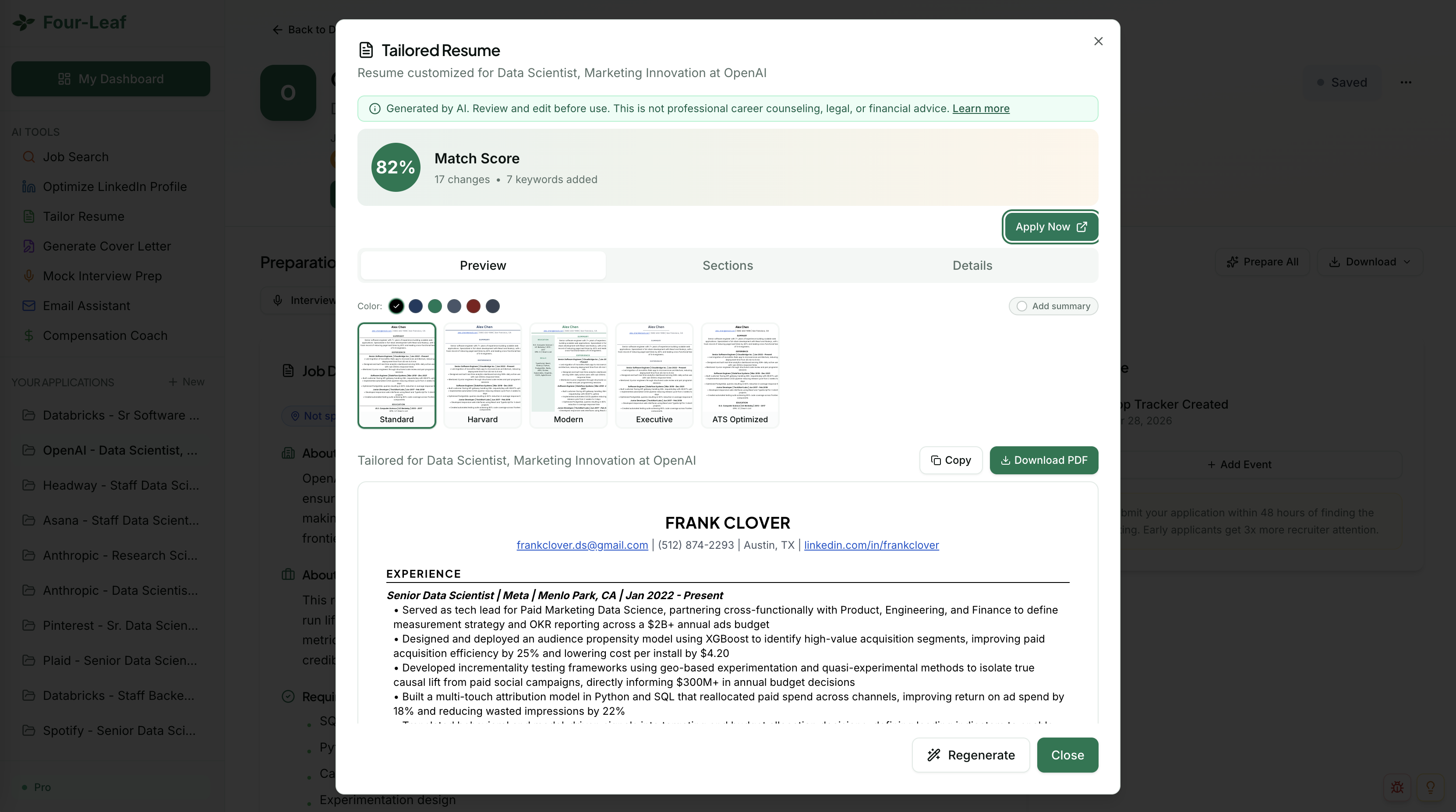 Four-Leaf tailored resume view
